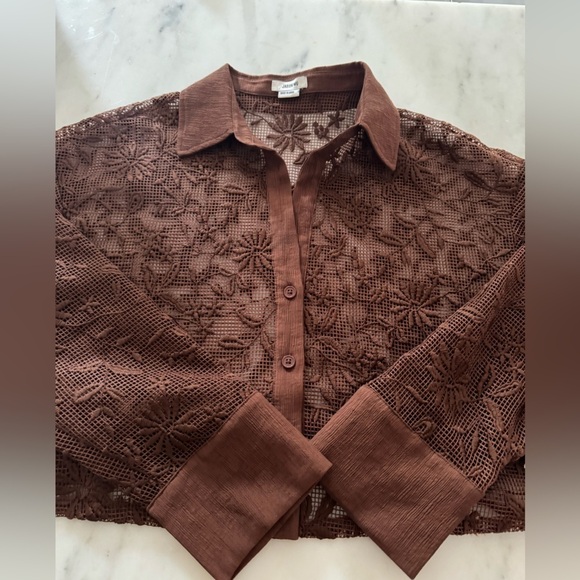 Jason Wu-NWT Brown Lace Long-sleeve Cropped Button down Shirt - Picture 3 of 6